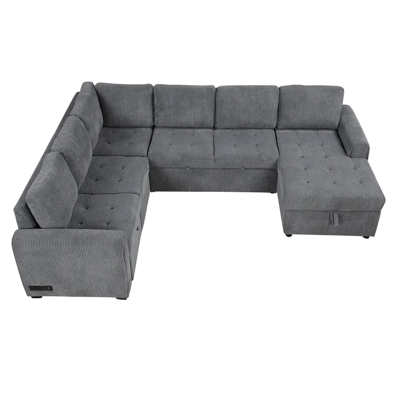 Roomfitters U-Shaped Sectional Sofa with Pull-Out Bed, Storage Chaise Lounge, and Integrated Charging Ports for Living Room