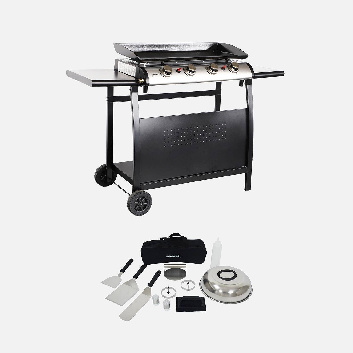 Porthos 4 - Plancha de gas 4 quemadores de acero inoxidable con carrito y utensilios, 10kW