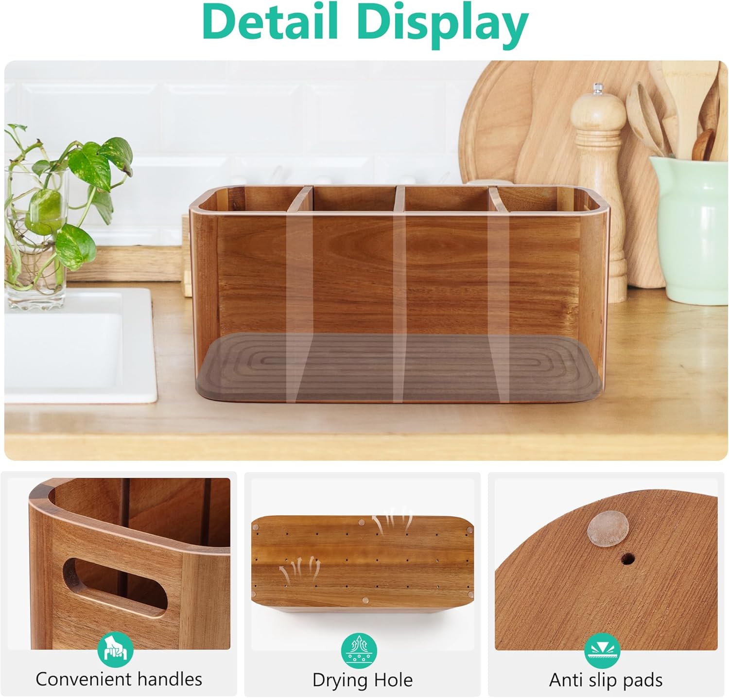 Wooden Utensil Holder for Kitchen Counter, Large Utensil Organizer for Storage Cooking & Silverware with 4 Compartment, Acacia Rustic Wood with Diatomaceous Earth Base Matte