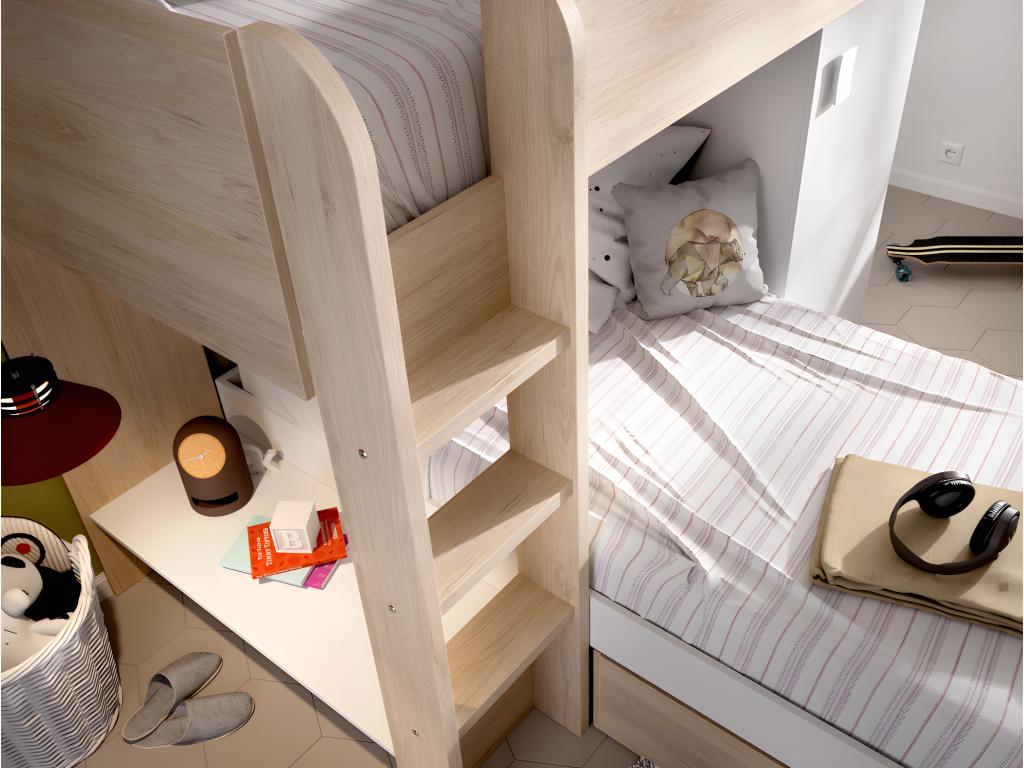 Cama tren reversible rinconera RICARDO - 2 x 90 x 190 cm - Compartimentos - roble y blanco + colchón