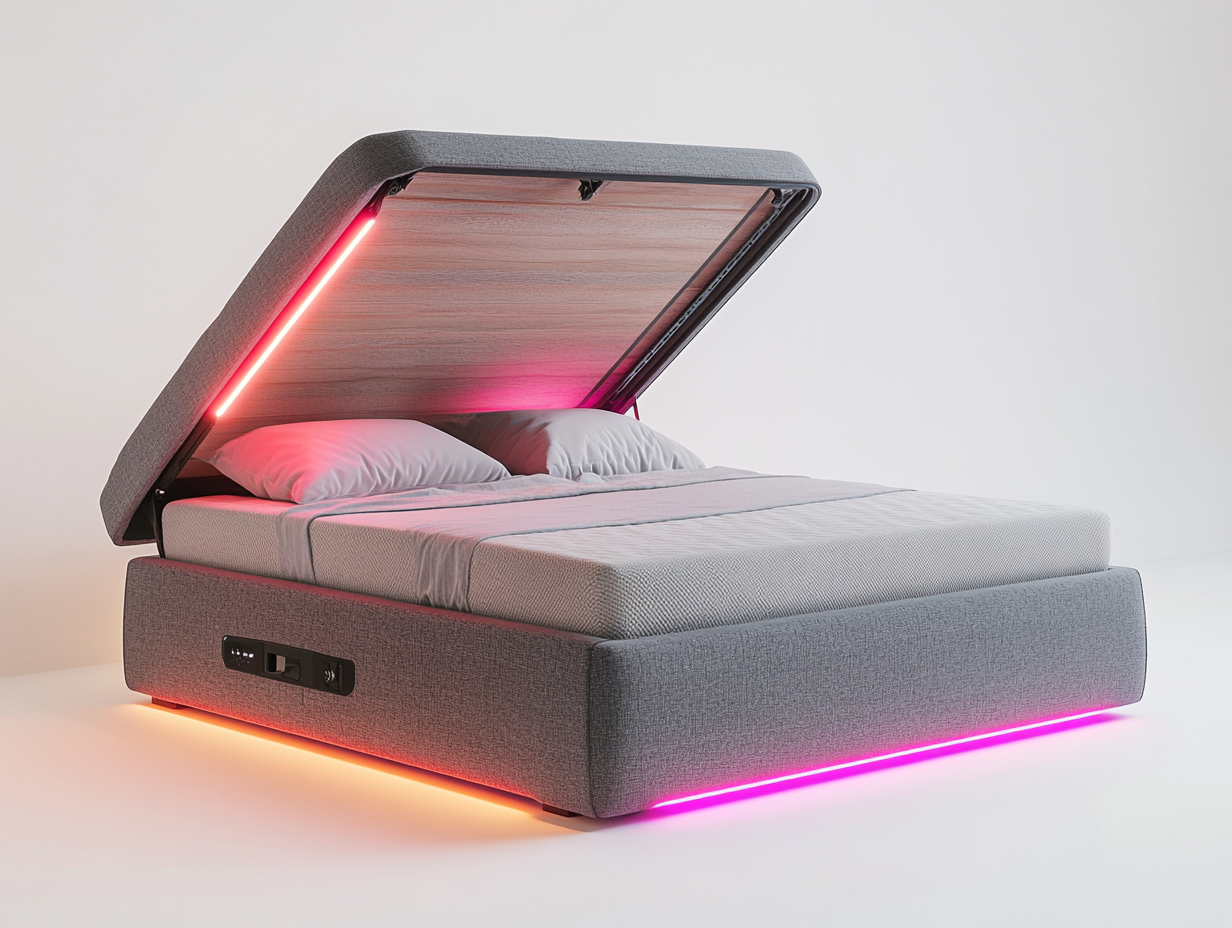 Cama inteligente abatible con almacenamiento, tapizado gris y luz LED 160x200cm IF6809547