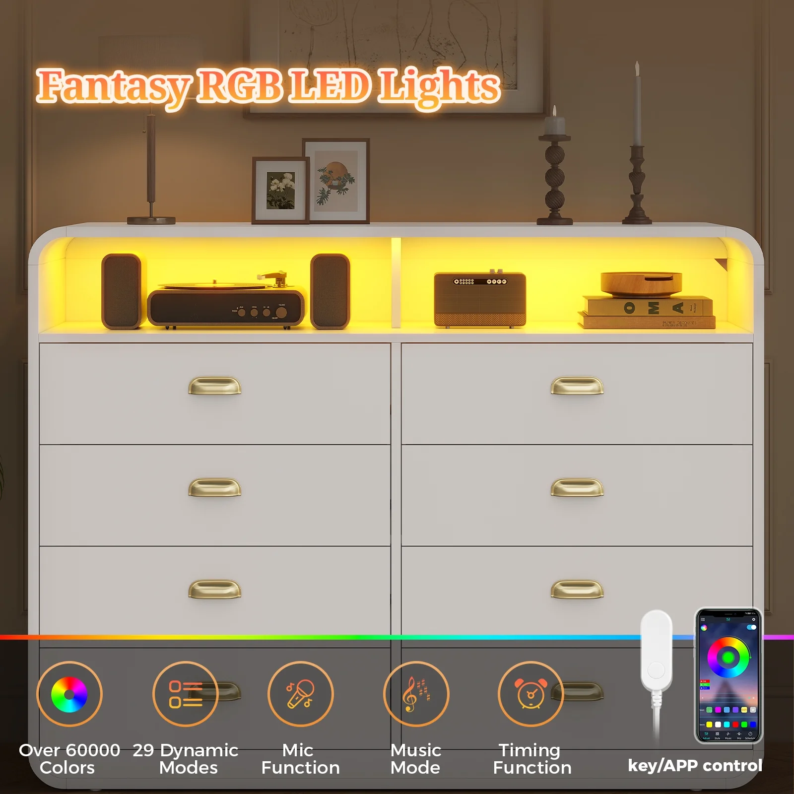 8 Drawers Dresser, Modern Chests Of Drawers with LED Lights, Curved Design for Living Room, Bedroom, White - Image 3
