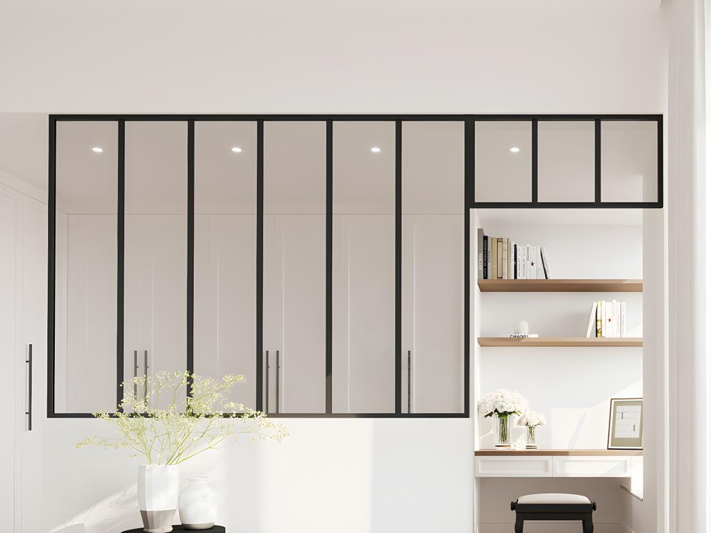 Cristalera estilo taller con travesaño de aluminio termolacado - Ancho 180 x Alt. 130 + Ancho 83 x Alt. 40 cm - Negro - BAYVIEW