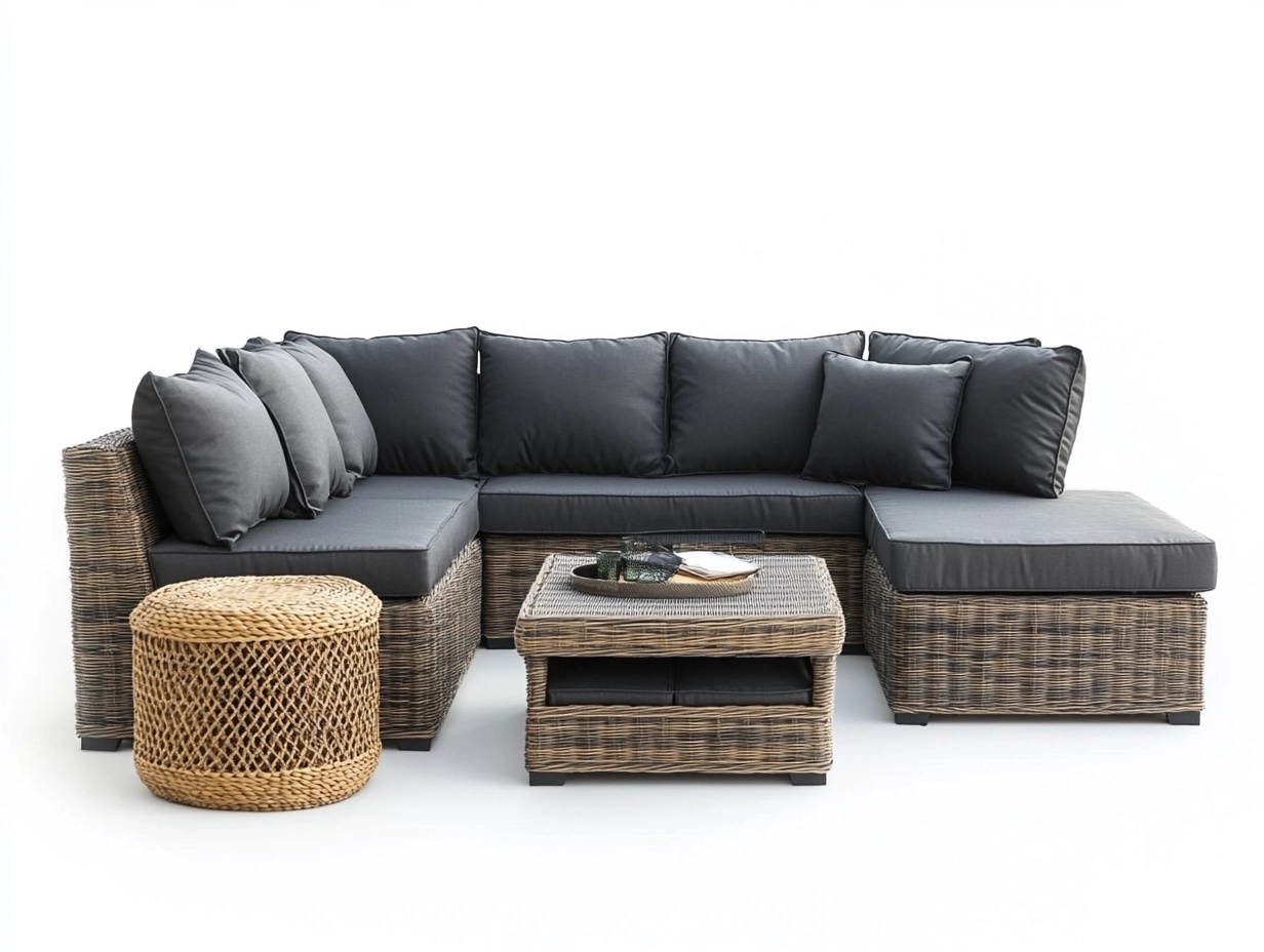 Sofá de esquina modular de ratán sintético para jardín 250x180x70cm con mesa y puff diseño moderno gris y natural estilo exterior oq6051687