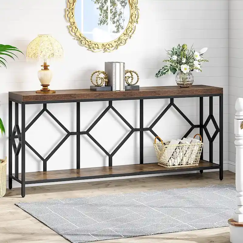 70.9-Inch Industrial Sofa Console Table with Open Storage Shelf - Extra Long Narrow Entry Table for Behind Couch