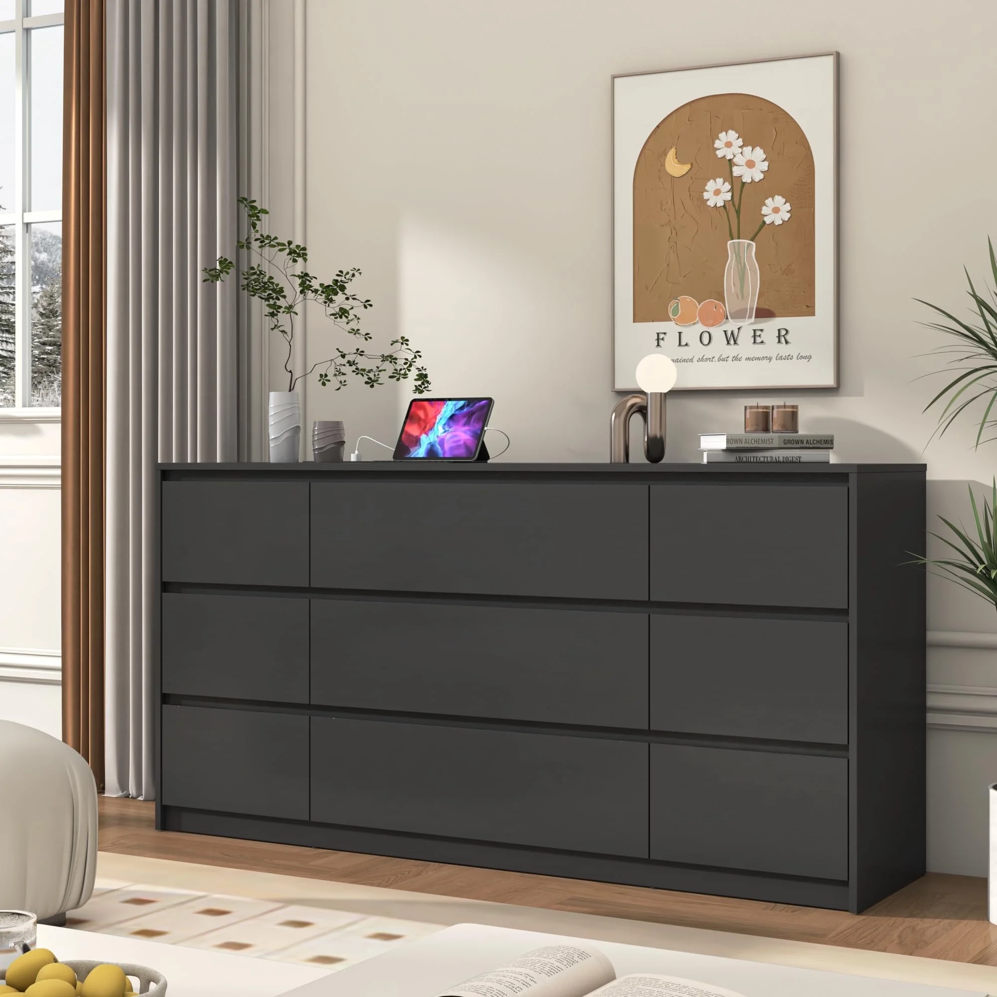 ChVans Black 9 Drawers Dresser with Charging Station, 63" Long Modern Dresser with 9 Drawers for Bedroom, Large Wood Chest of Drawers Handle Free, Dresser for Bedroom, Living Room, Hallway - Image 12