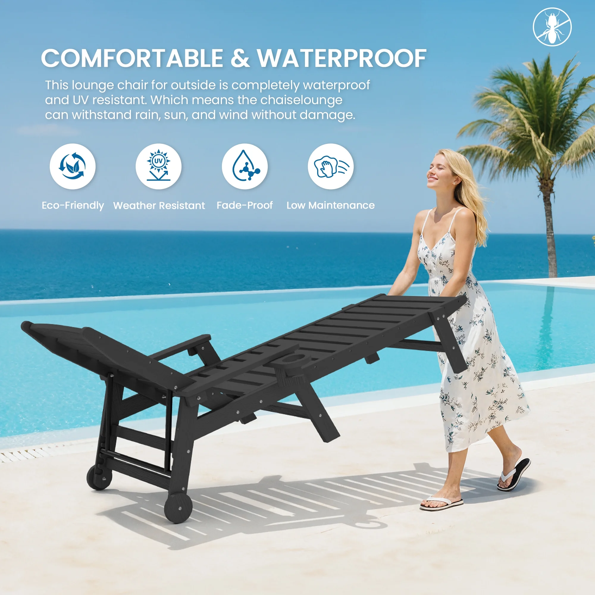 SERWALL Patio Chaise Lounge Chair, 78'' HDPE Outdoor Lounge Chair 5 Positions Pool Lounger Navy Blue - Image 86