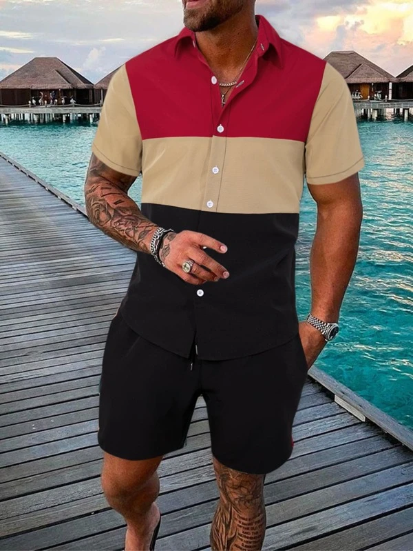 Suitmens Men's Hawaiian Print Short Sleeve Shirt Set 012