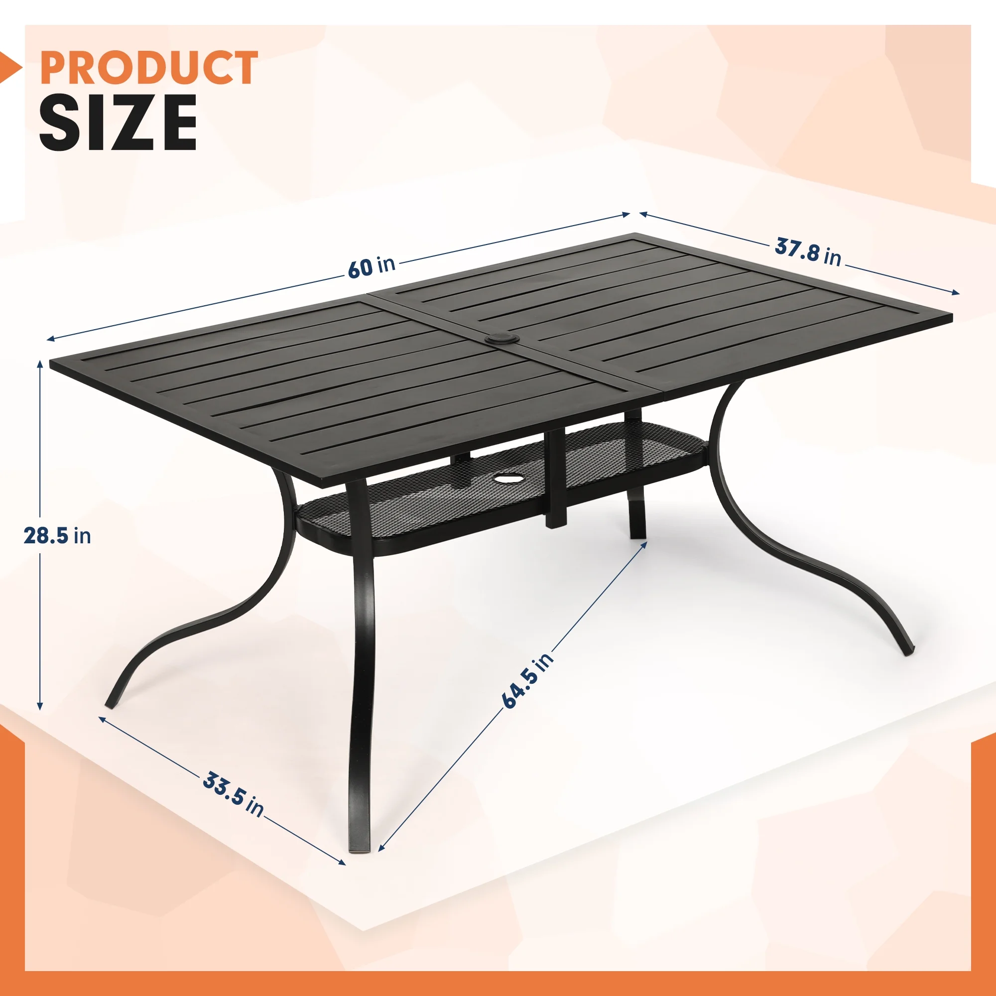 SOLAURA Outdoor Patio Dining Rectangle Metal Table for 6-Person with Umbrella Hole, Black - Image 3