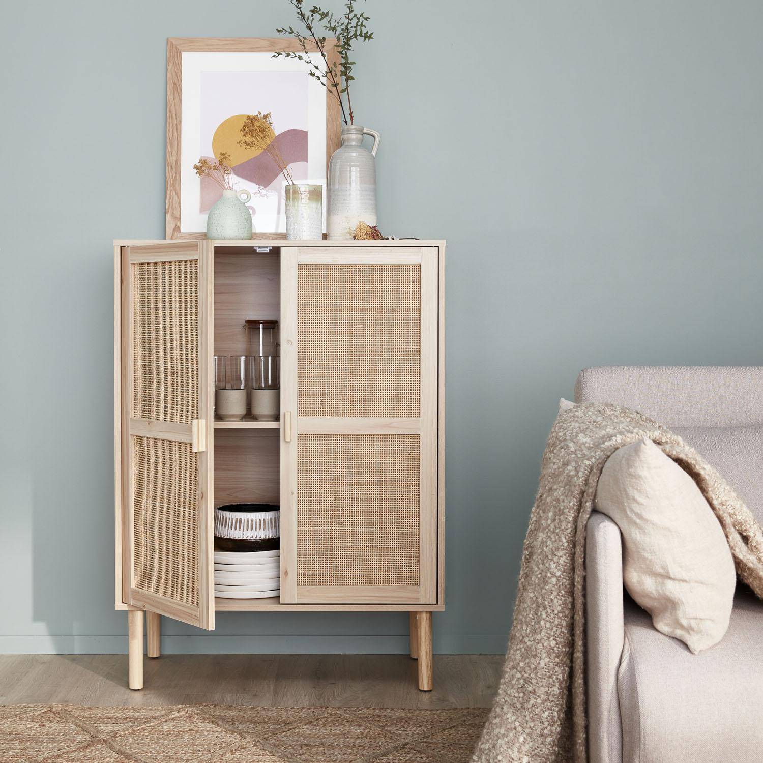 Camargue - Aparador de efecto caña y madera con 2 puertas, 80cm