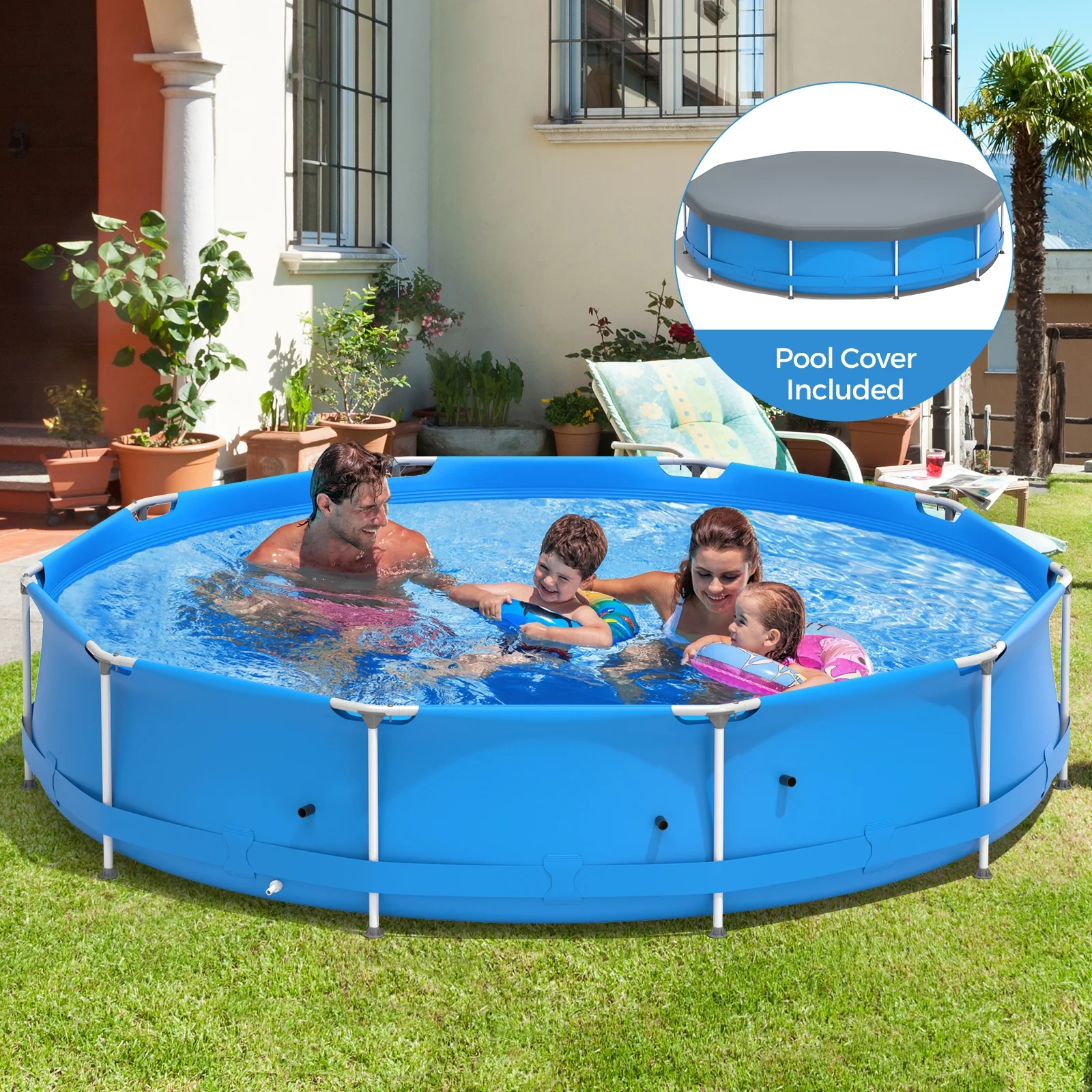 Infans Round Above Ground Swimming Pool Patio Frame Pool W/ Pool Cover Iron Frame Blue - Image 5