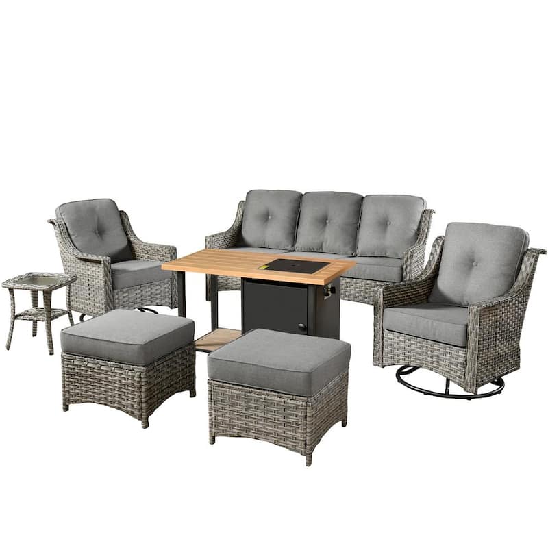 Juego de sofá para conversación exterior PINPAI de 7 piezas con sillas giratorias, mesa de fuego con almacenamiento y cojines gris oscuro kw2120344