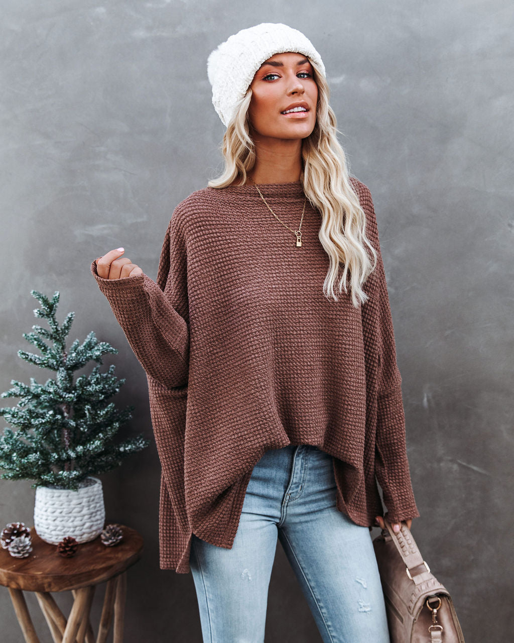Lovell Boat Neck Thermal Knit Top - Wood - Se7enfashion