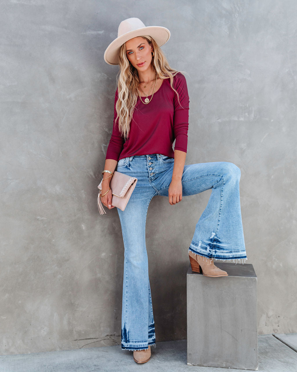 Elm Ribbed Long Sleeve Top - Burgundy - SALE - Se7enfashion