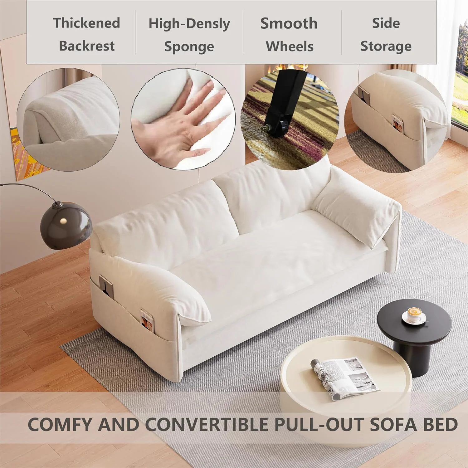 Tabaray 63.8" Futon Sofa Bed Queen Size, Pull Out Bed, 3-in-1 Convertible Sleeper Sofa with Side Pocket, Modern Plush Velvet Futon Couch for Living Room, Small Space, Apartment, Bedroom, Black - Image 43