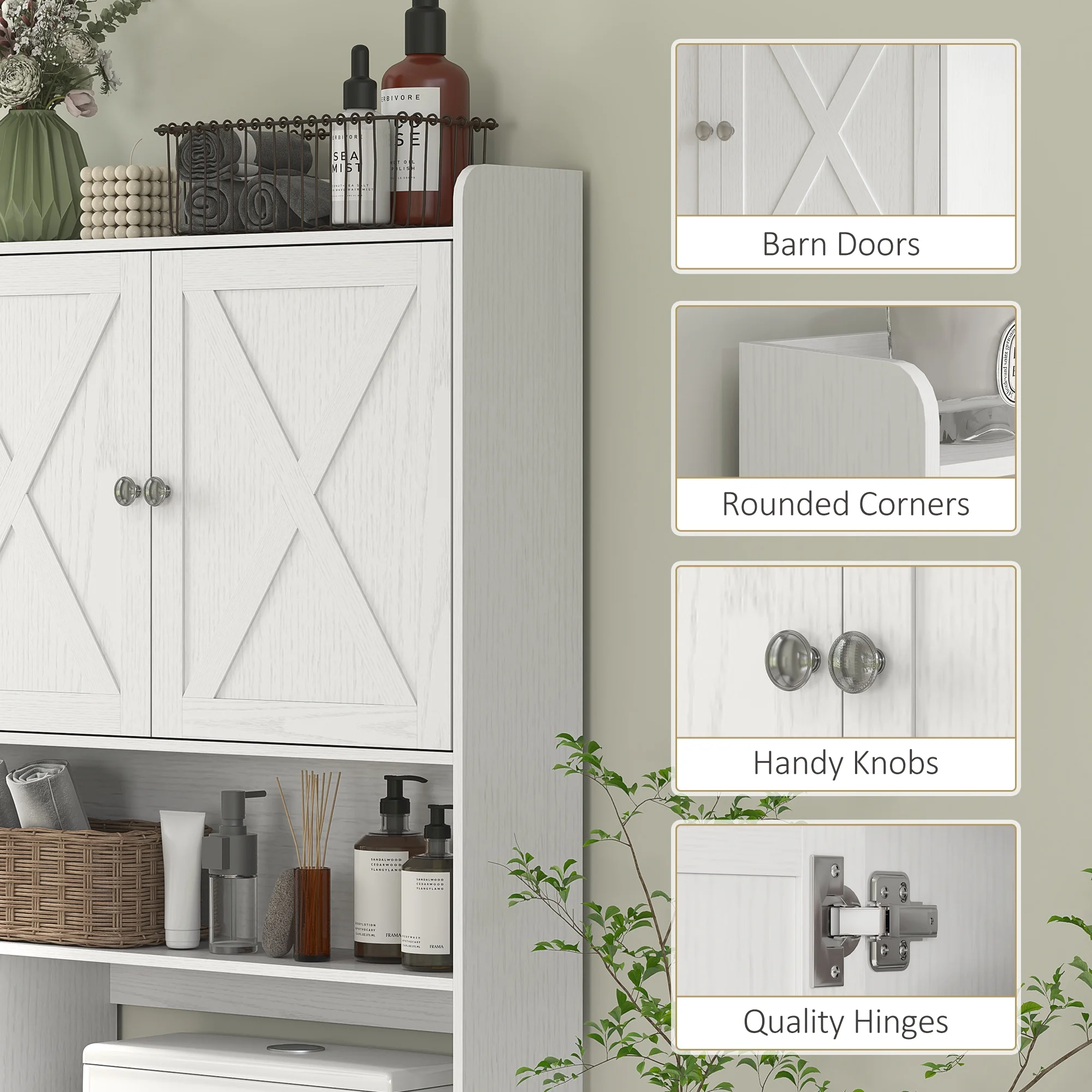 HOMCOM Over the Toilet Storage Cabinet, Farmhouse Above Toilet Bathroom Organizer with Barn Doors, Adjustable Shelf, Toilet Paper Holder, White - Image 5