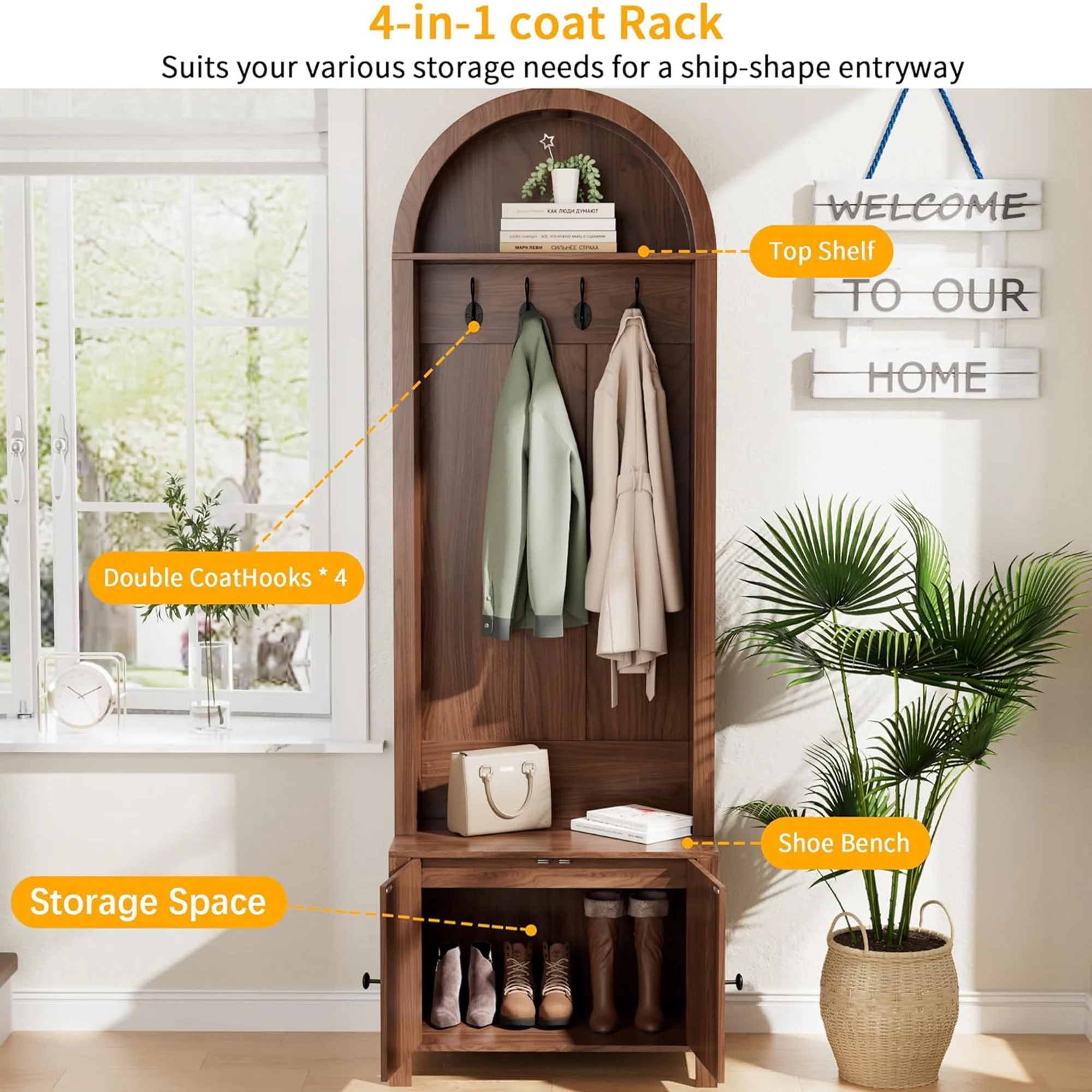 LUCKYELF Hall Tree with Shoe Storage, Entryway Bench with 4 Hooks and 2 Doors, Arch Coat Rack Cabinet for Hallway - Image 3
