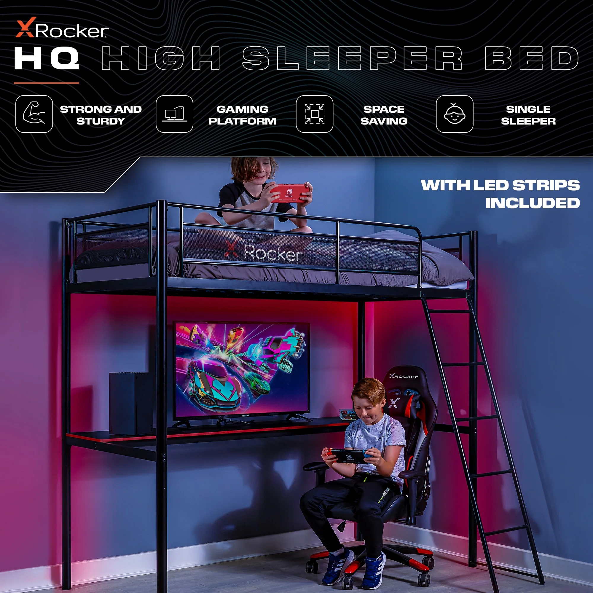 X Rocker HQ Gaming Bunk Bed with LED Lighting, Black, Twin - Image 2