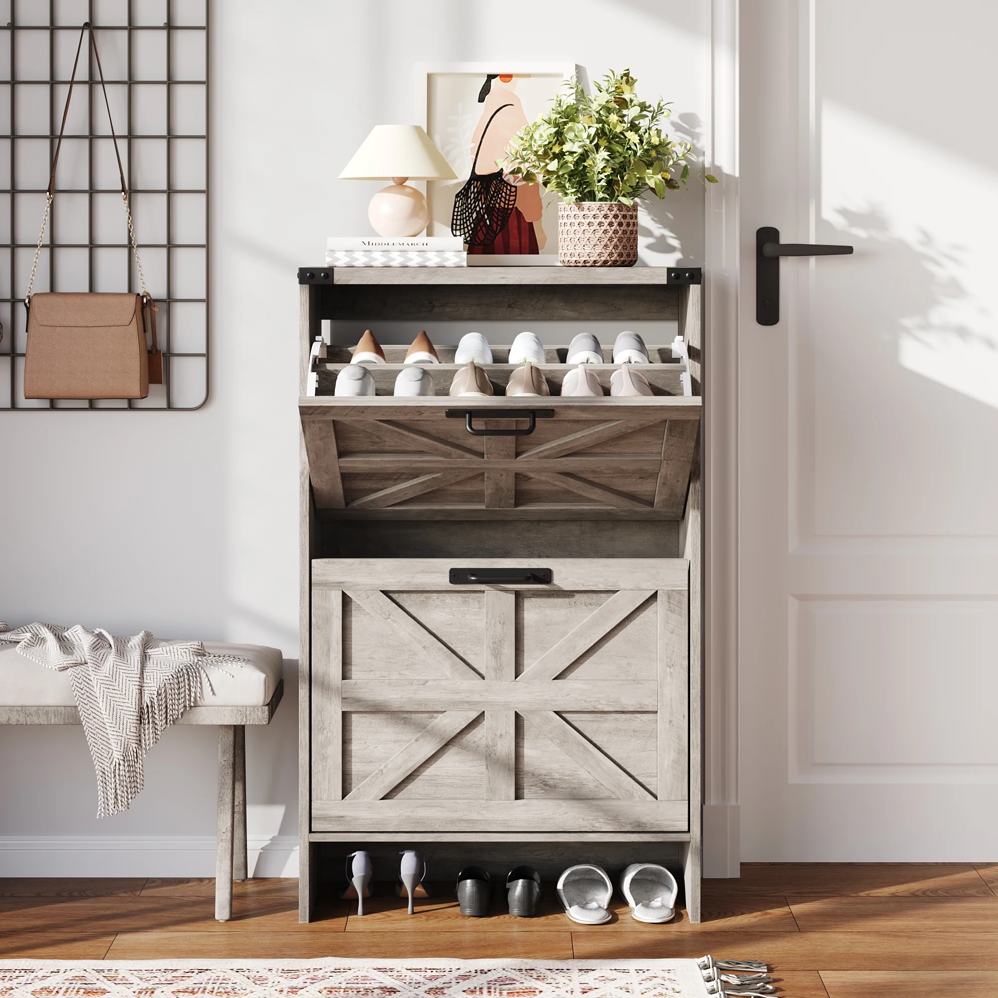 VEANERWOOD Shoes Storage Cabinet With Doors, Farmhouse Shoe Cabinet With 2 Flip Drawers For Entryway,Gray - Image 29