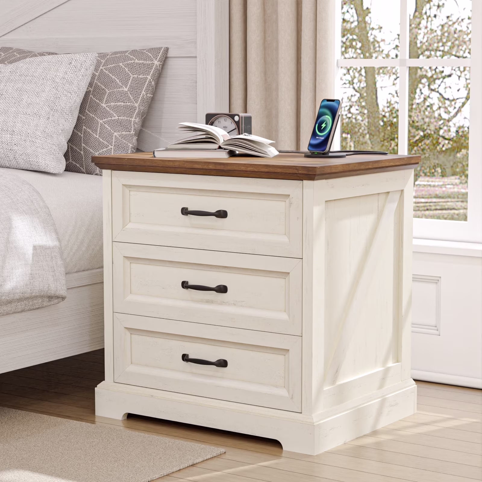 Hommpa Farmhouse 3 Drawers Nightstand with Charging Station, Rustic Wood Night Stand with Drawers for Bedroom, Vintage Bedside Table Small Dresser Chest of Drawers for Living Room, White(Black)
