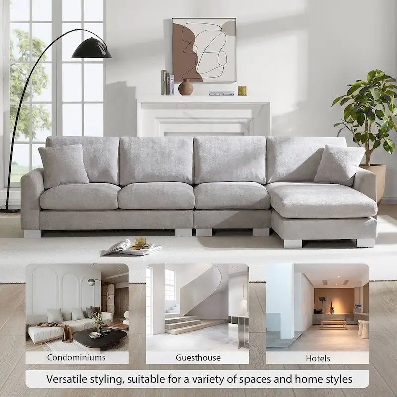 Spacious L-Shaped Chenille Sectional Sofa with Chaise Lounge for Living Room, Apartment, or Office
