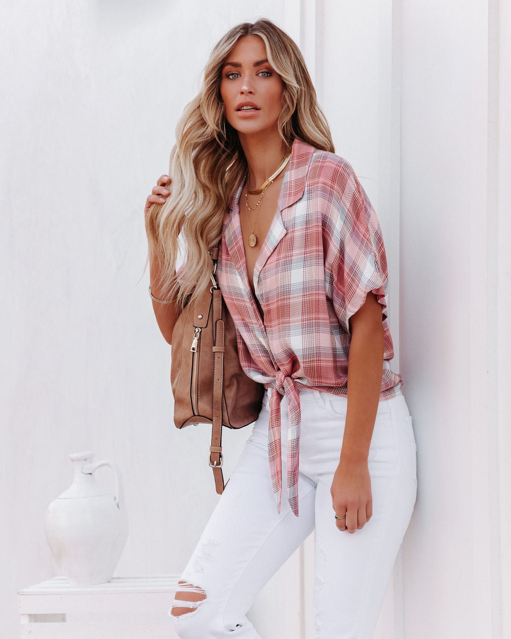 Gaia Plaid Button Down Tie Top - Blush - SALE - Se7enfashion