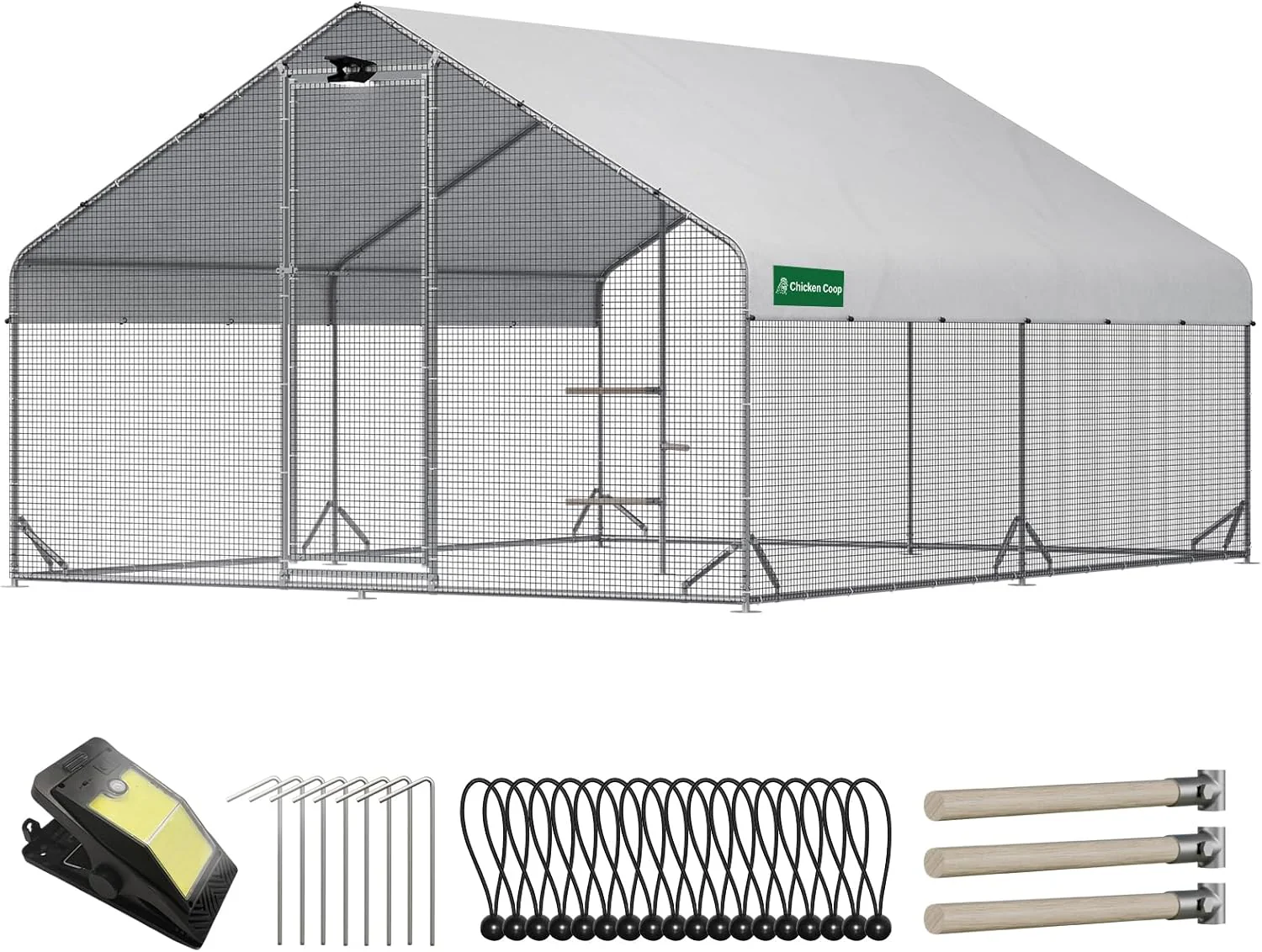 Large Walk-in Metal Chicken Coop with Run, Solar Light, UV Cover