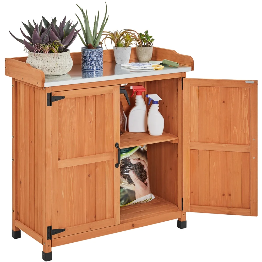 Renwick Garden Potting Bench Table with Cabinet, Brown - Image 2