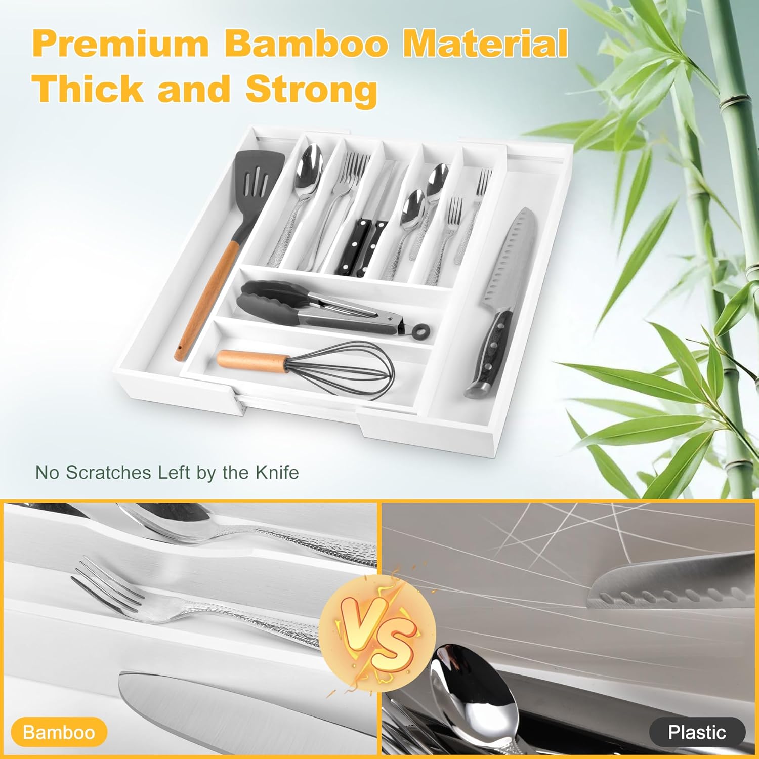 Large Premium Bamboo Silverware Organizer - Expandable Drawer Organizer & Utensil Organizer - 17
