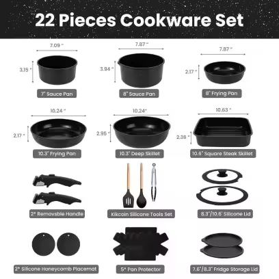 Non-Toxic Nonstick Ceramic 22 pcs pots and pans set complete Cookware Set with Lids,Detachable Handle,PFAS-Free,Dishwasher Oven Safe,Kitchen Outdoorfun Induction Compatible