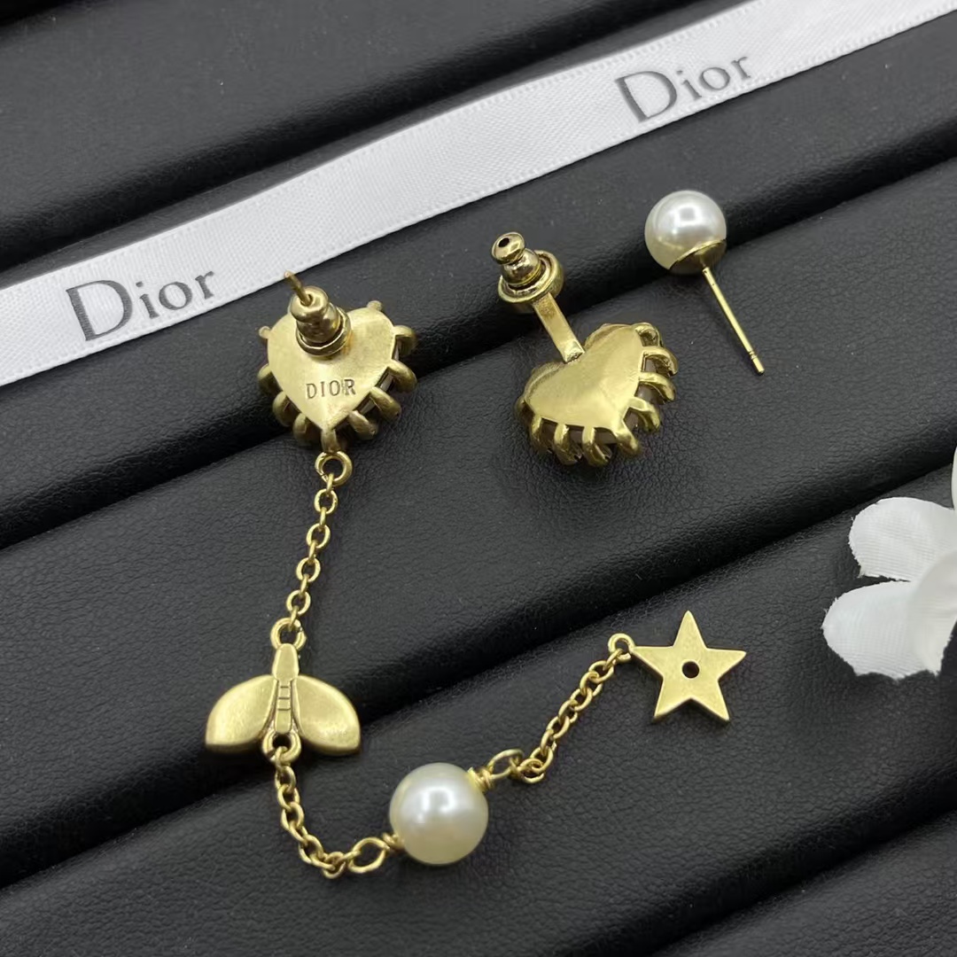 Dior Asymmetric Bee Heart Stud Long Drop Star Earrings - Original Replica Club