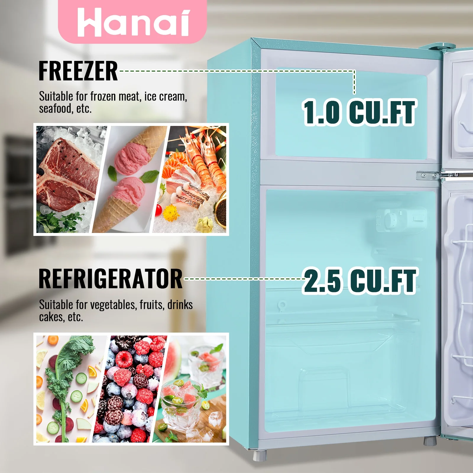 3.5 Cu.ft Compact Refrigerator WANAI Dual Doors Handles Mini Fridge with Top Freezer Blue New - Image 2