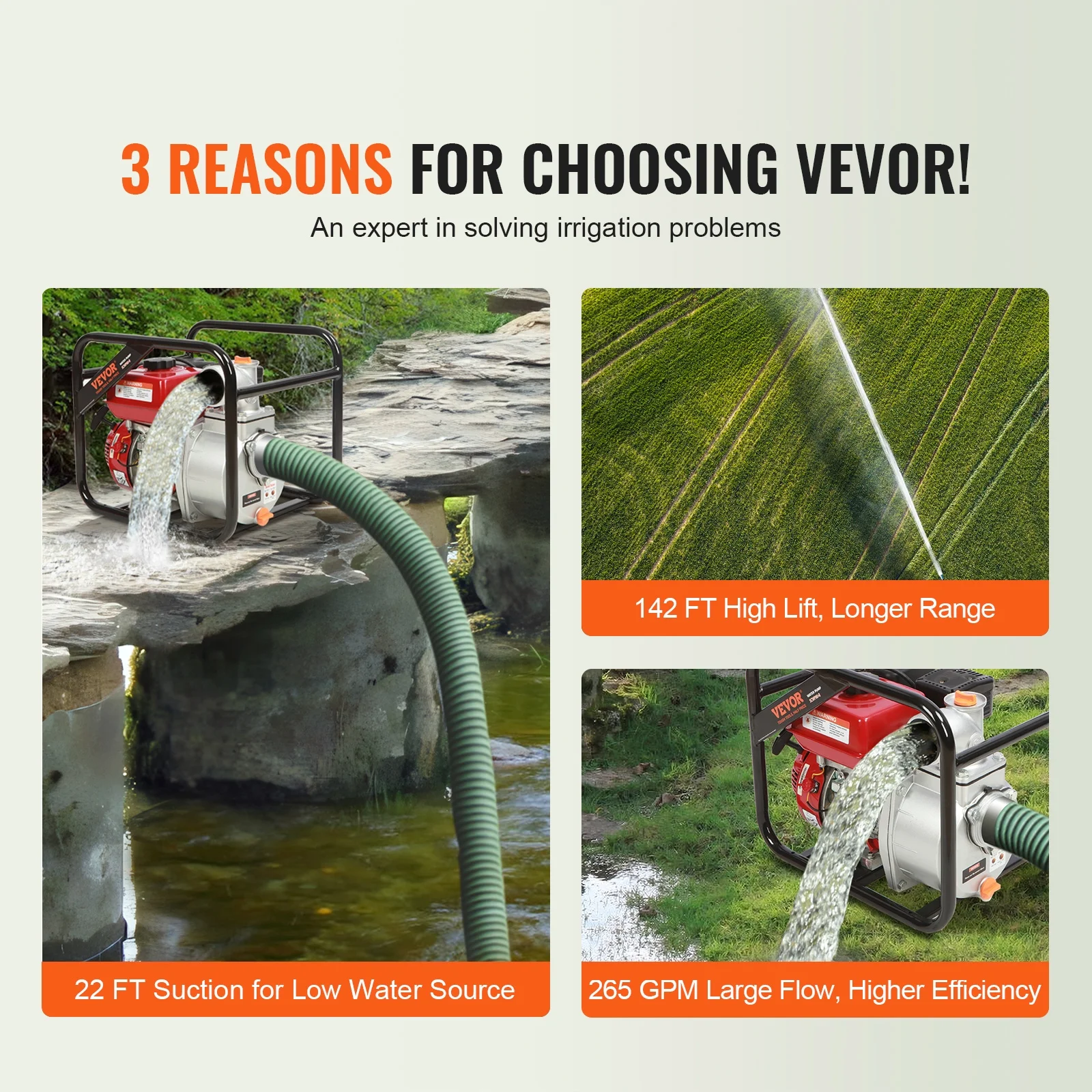 VEVOR Gasoline Engine Water Pump,3-inch, 7HP 265 GPM, 142ft Lift, 22ft Suction,4-Stroke Gas Powered Trash Water Transfer Pump Portable High Pressure with 25ft Hose for Irrigation Pool, EPA Certified - Image 3