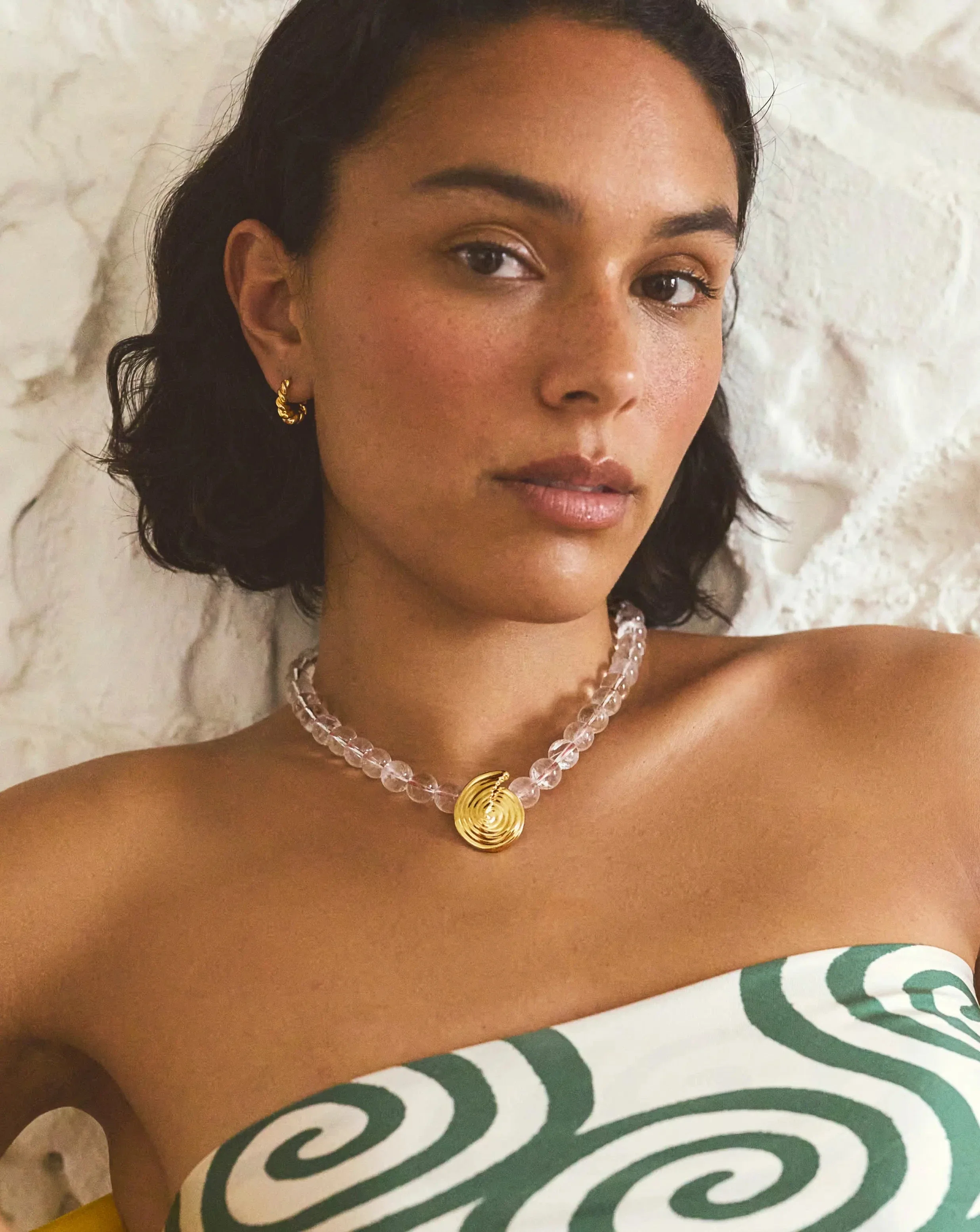 Spiral Gemstone Beaded Pendant Necklace | 18ct Gold Plated/Clear Crystal Quartz
