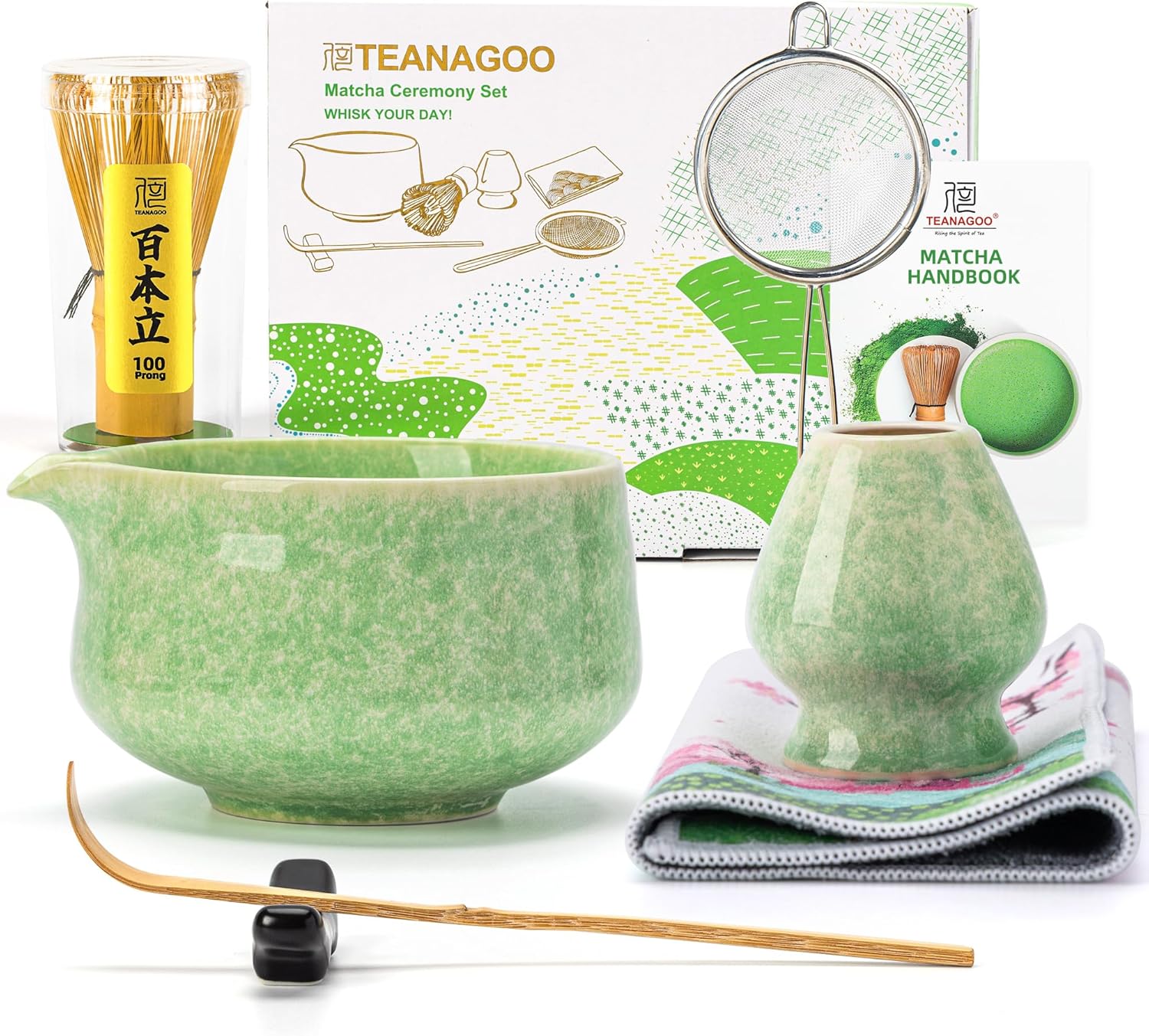TEANAGOO Matcha Whisk Set, 7 Pcs Matcha Set Blue, Matcha Kit for Ceremony, Matcha Tea Set for Making Breakfast/Latte, Ceramic Matcha Bowl(chawan) whith Spout and Whisk, Gift for Friend/Family