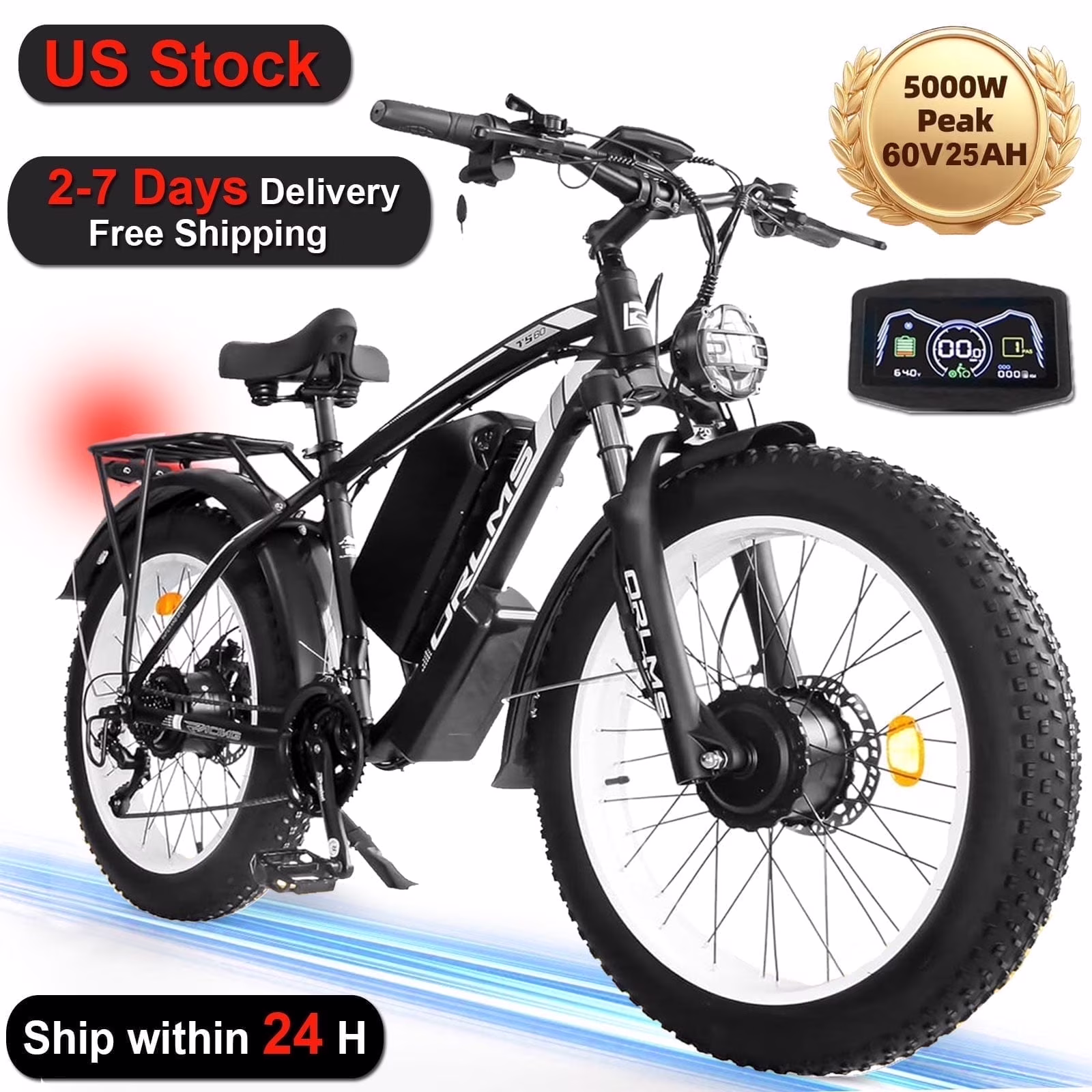 (US in Stock) 5000W Peak Dual Motor Electric Bike for Adults, 60V 25AH Removable Battery Ebike, 50MPH AWD 21 - Speed Mountain Snow E - Bike with 26" x 4.0 Fat Tire, Long Range Mountain Off - Road Ebikes(Black-White)