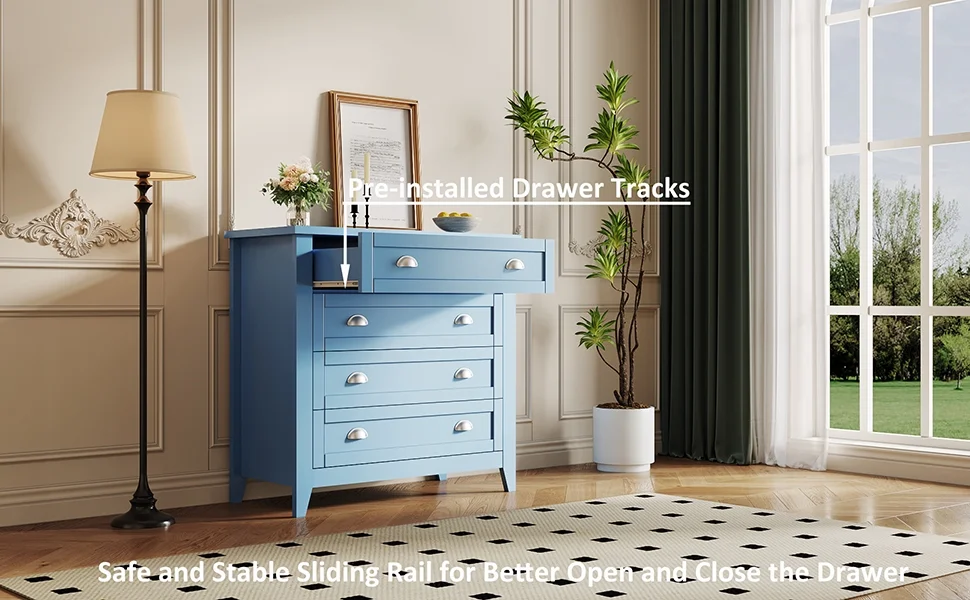 6 Drawer Dresser, Light Blue Elegant Chest of Drawers, Large Cabinet with Storage, Rustic Wood Chest of Drawers for Bedroom, Living Room, Hallway - Image 29