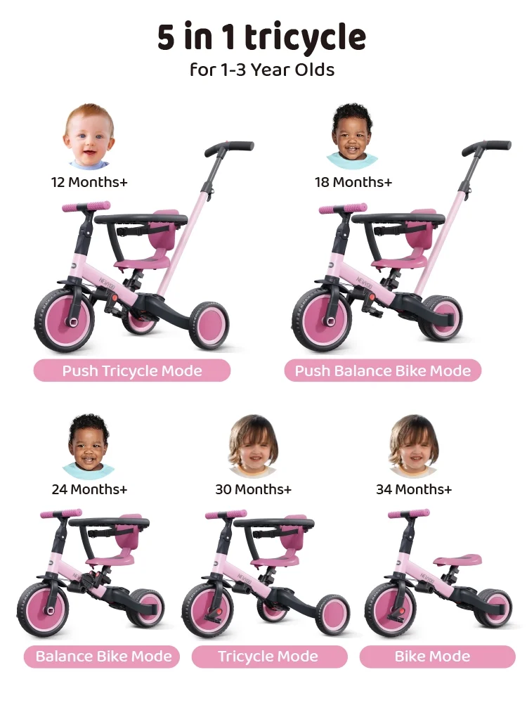 newyoo TR008 5-in-1 Toddler Tricycle with Push Handle, Converts to Balance Bike for 1-3 Year Old, Khaki - Image 18