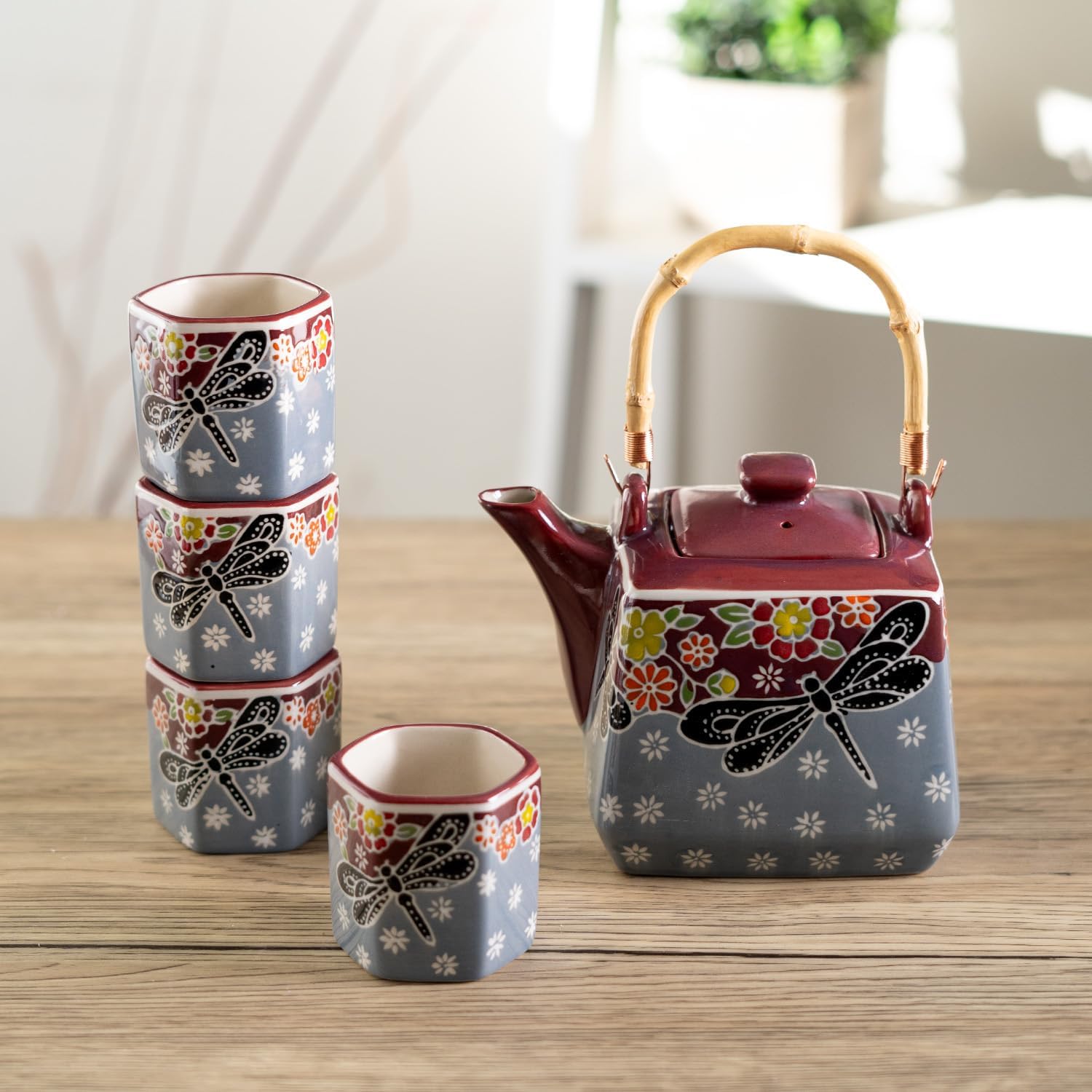 Urban Tokyo Japanese Style Cube Shape 20oz Porcelain Tea Set Teapot with Strainer, Wooden Handle and 4 Hexagon Tea Cups, Dragonfly Tombo Floral Design
