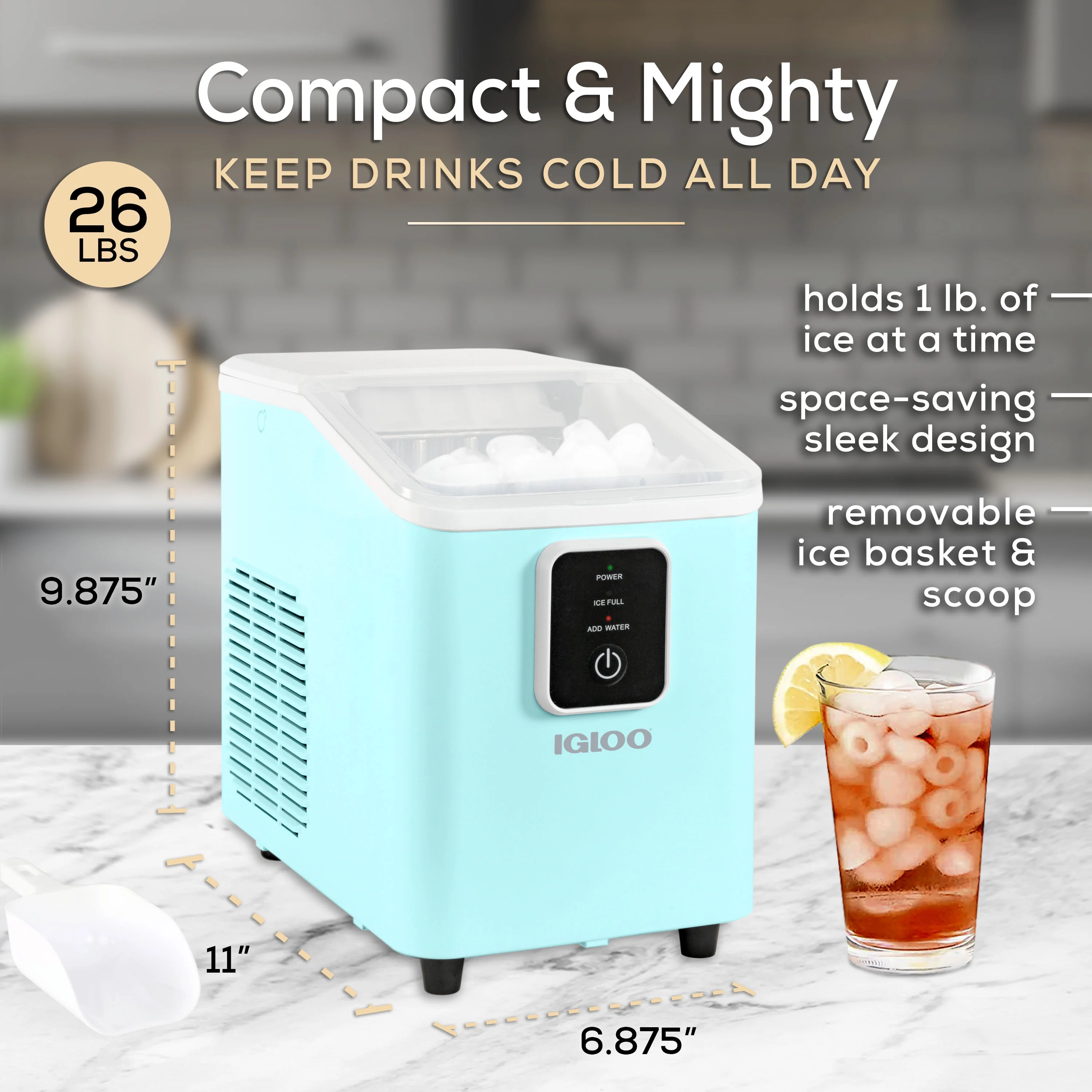 Igloo Self-Cleaning Countertop Ice Maker - Compact and Portable - Creates 26 lbs. Per Day, 8 Pieces Ready Every 7-8 Minutes - Includes Ice Scoop and Basket - Aqua - Image 2