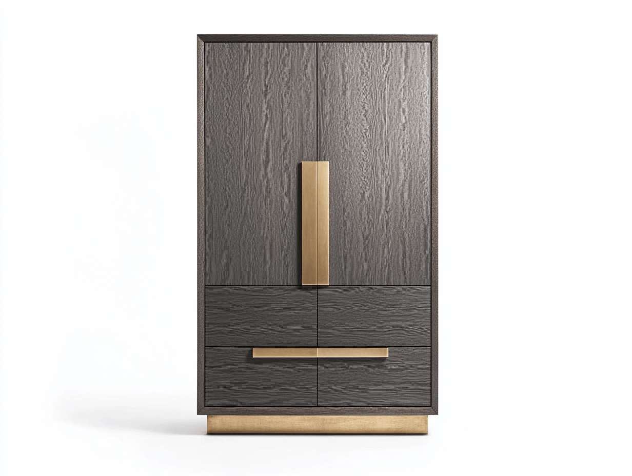 Armario alto moderno con puertas y cajones en madera gris oscuro y detalles dorados