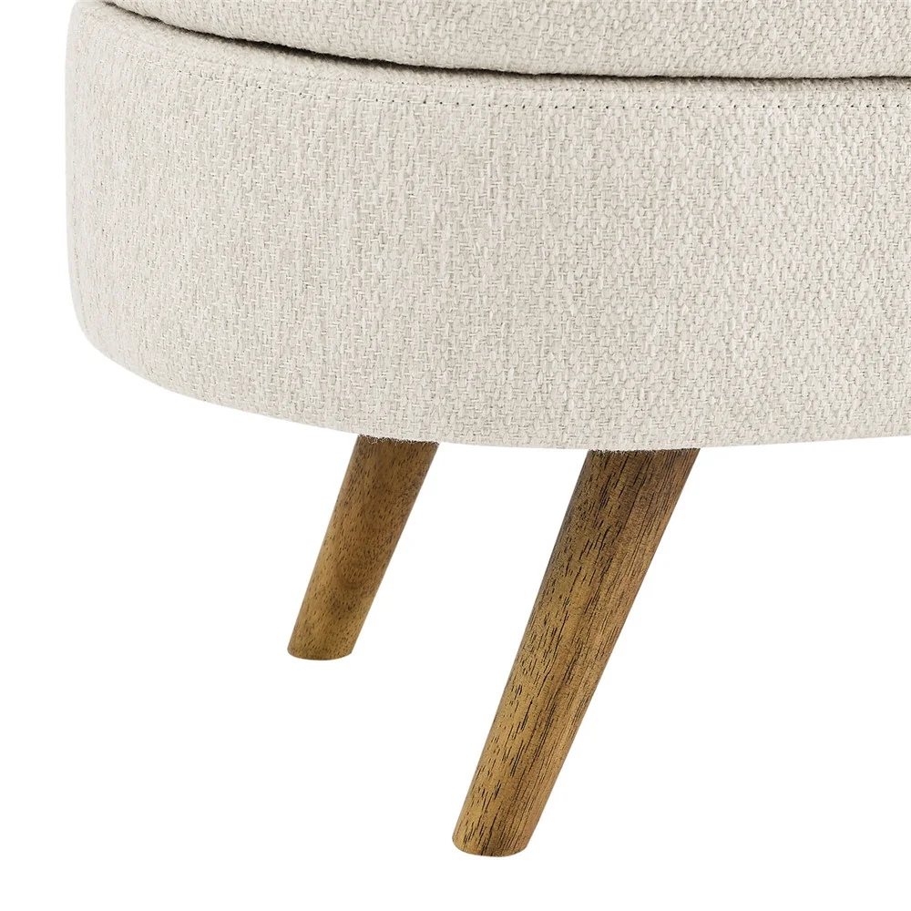 43.5" Oval Storage Ottoman Bench with Solid Wood Legs, Linen Fabric Upholstered Entryway Bench with Safety Hinge, Indoor Bench for End of Bed, Sofa Side, Entryway - Image 8