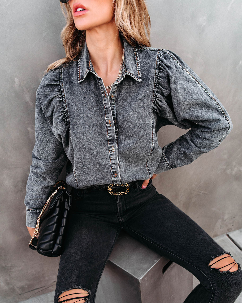 Express Yourself Cotton Mineral Wash Button Down Top - Black Wash - Se7enfashion
