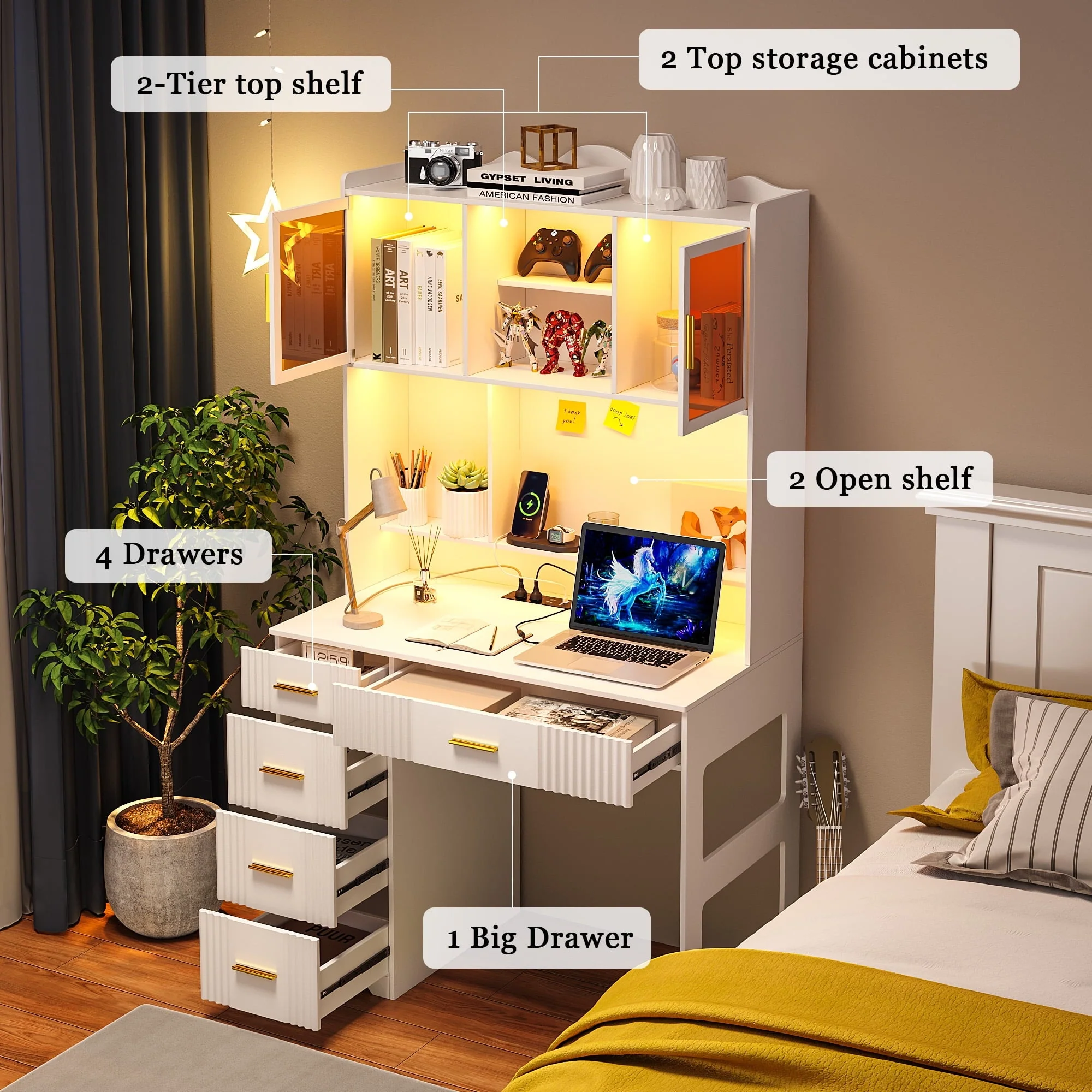 HNEBC LED Study Desk with Hutch and Drawer, Home Office Desk with Outlet, Computer Desk with Charging Station, Writing Desk for Bedroom, Workstation for Small Space - Image 4