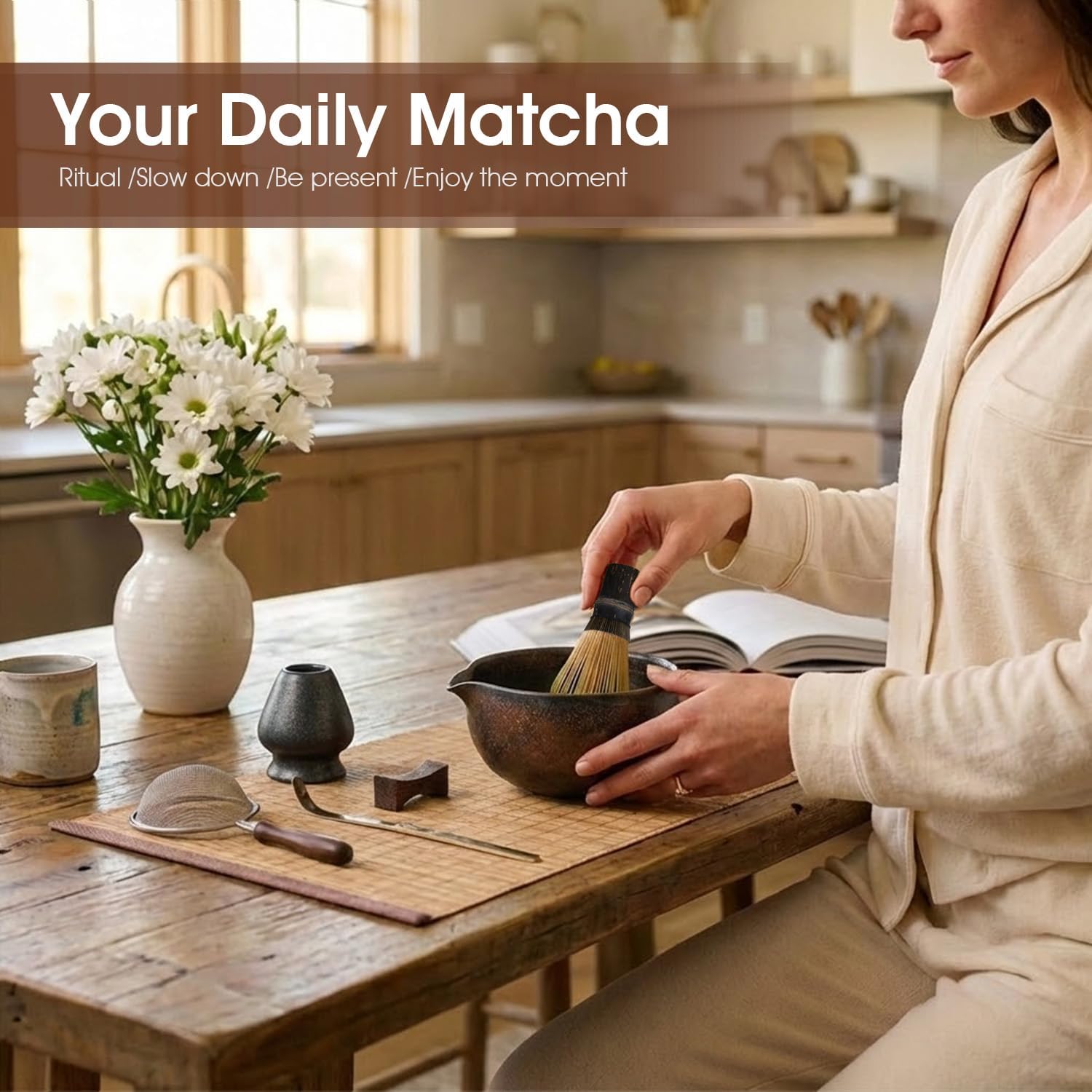 Matcha Whisk Set 7-Piece with Handmade Matcha Bowl & 100-Prong Purple Bamboo Whisk (Chasen), Complete Matcha Kit with Holder, Scoop & Rest, Bamboo Tea Mat, Gift-Ready Matcha Set