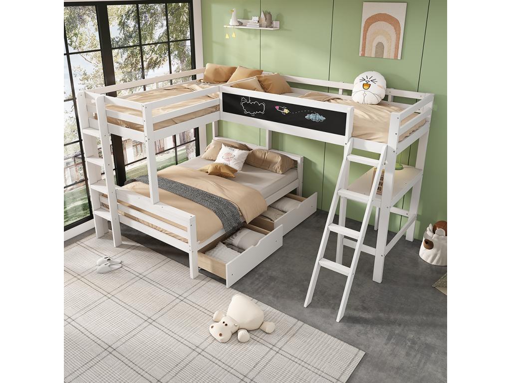 Cama infantil mezzanine, para tres niños, con escritorio y estantería, 140*200cm, 90*200cm, blanco