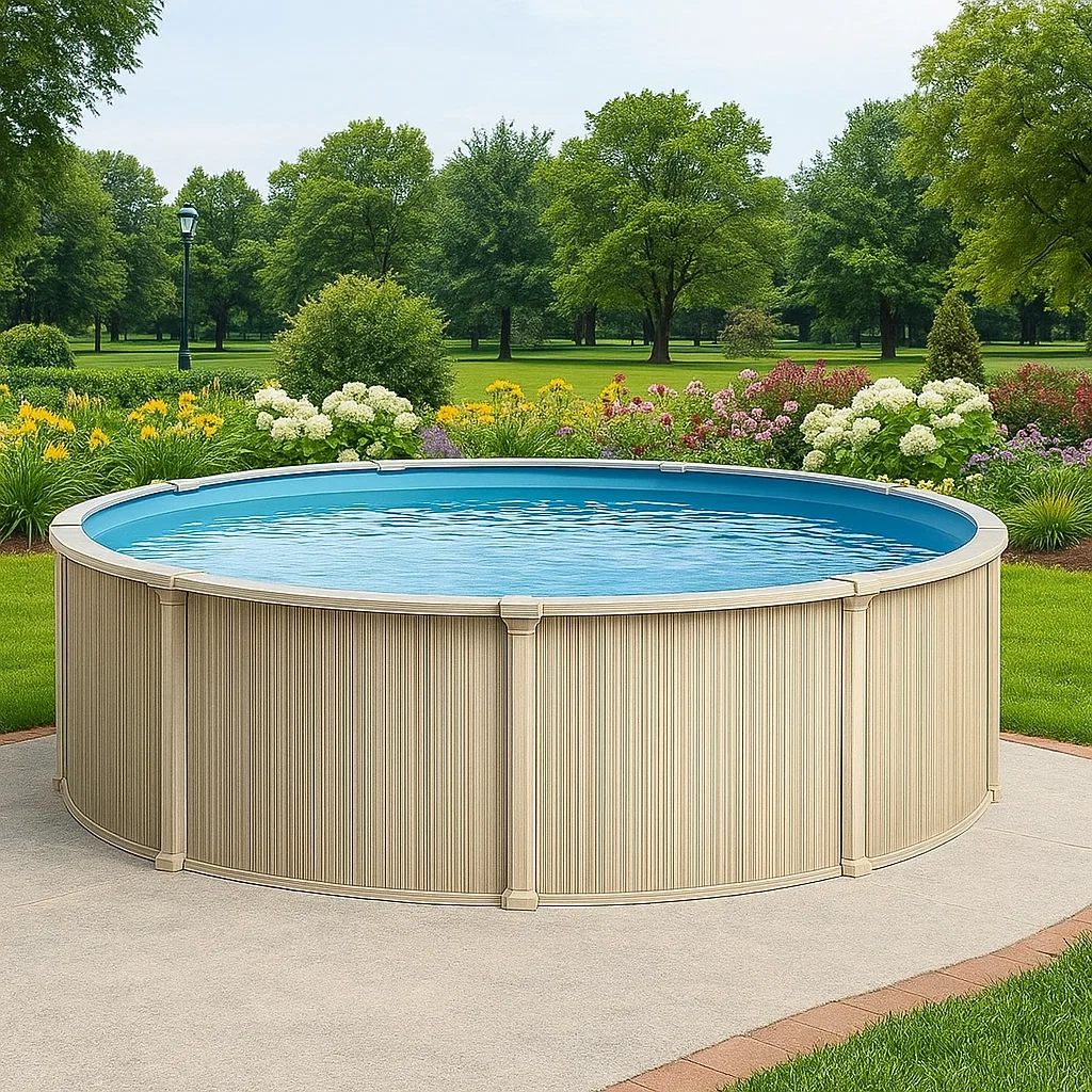 Piscina tubular redonda 448x105 cm, color beige, con filtro y escalera kuOXHKC285nY