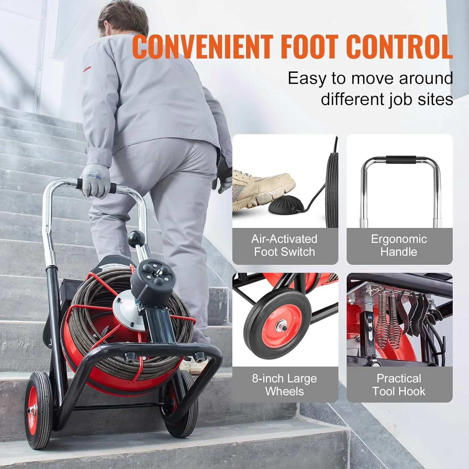 Drain Cleaner Machine 100FT x 1/2 Inch, Auto Feed Sewer Snake Auger on Wheels, 550W Portable Drain Cleaning Machine with 8 Cutters & Air-activated Foot for 2" to 4" Pipes