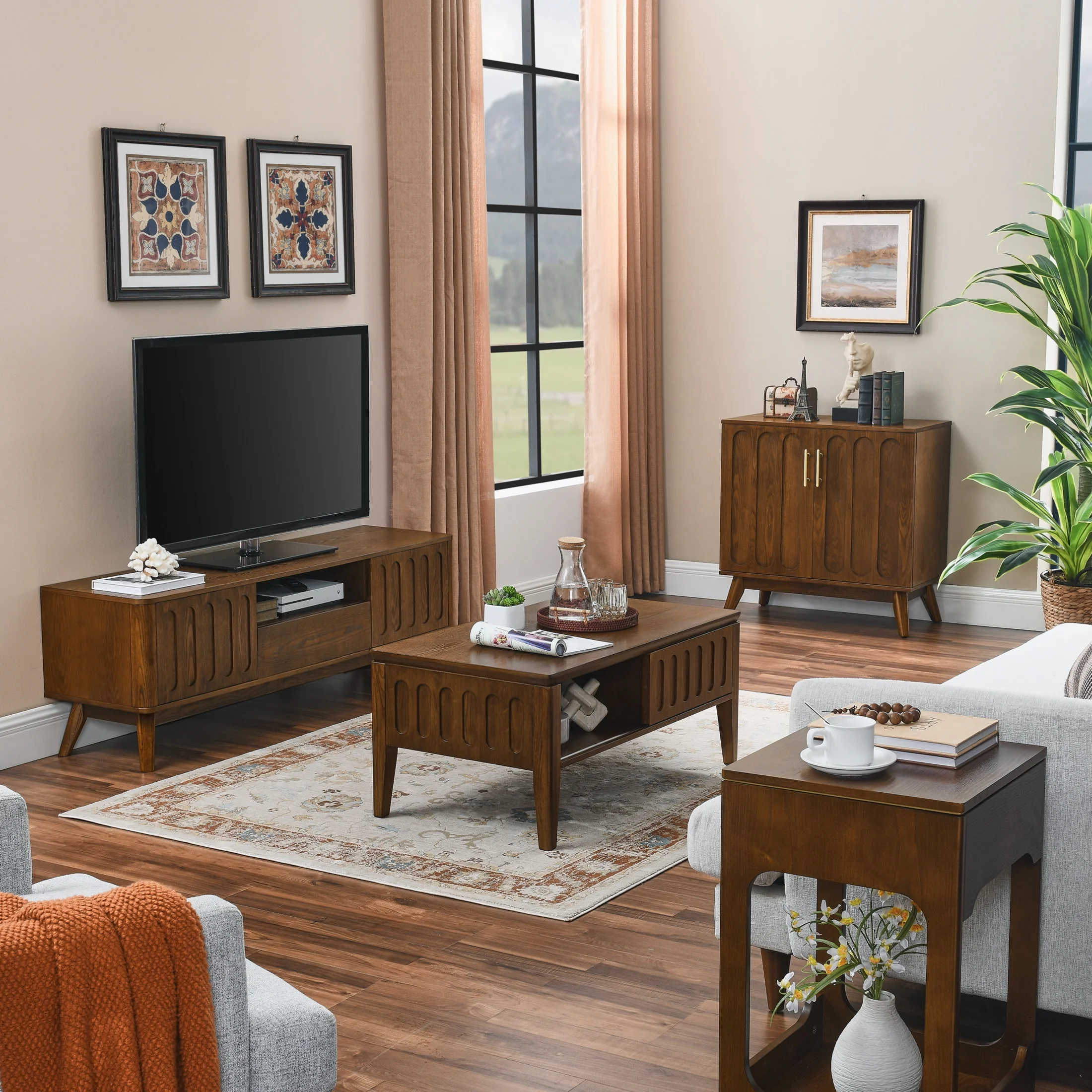 Noble House Mid-Century Modern Fluted TV Stand for 65" TV, Entertainment Console with Storage, Solid Wood Legs, Walnut - Image 6