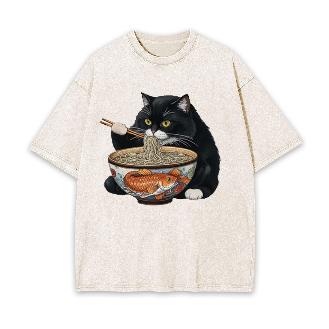 FAT CAT EATING RAMEN WASHED T-SHIRT